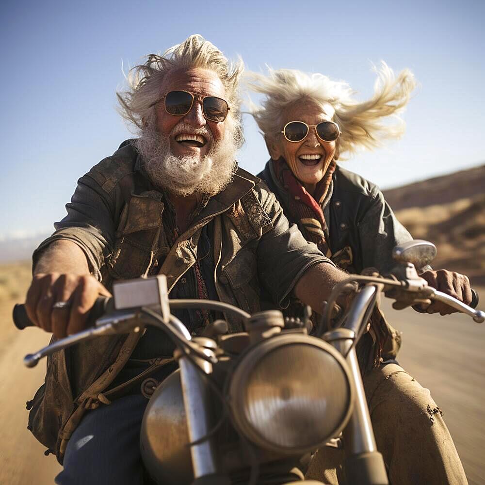 Pure joie de vivre, older couple, pensioners, drives laughing on an old motorcycle to enjoy life, ai generated