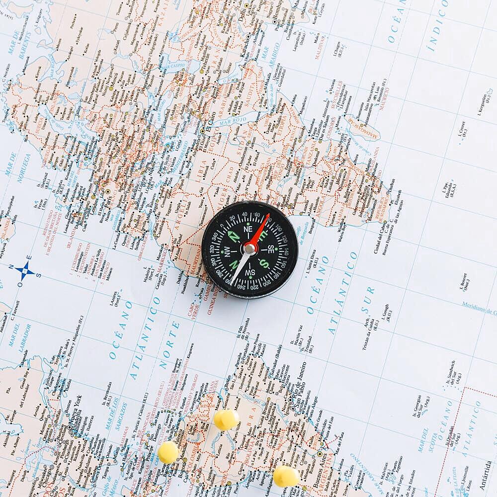 Overhead view compass world map