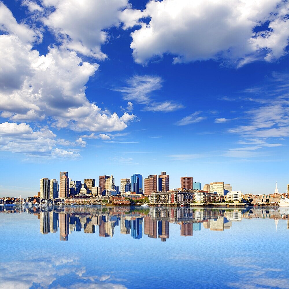 Boston skyline with river in sunlight at Massachusetts USA