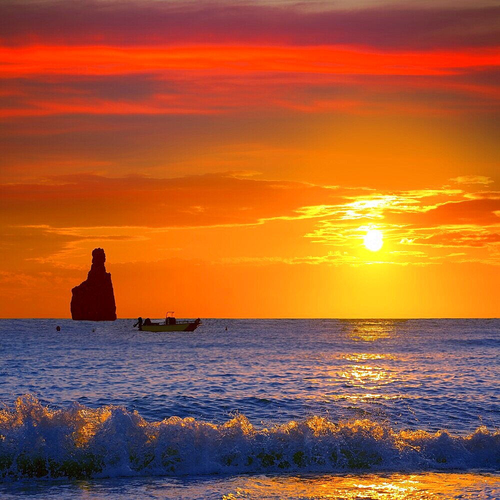 Ibiza Cala Benirras sunset beach in san Juan at Balearic Islands Spain