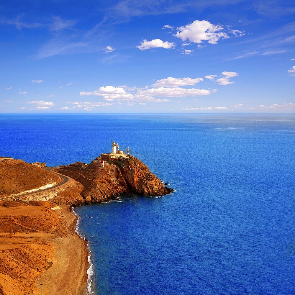 Almeria Cabo de Gata lighthouse aerial in Mediterranean sea of Spain