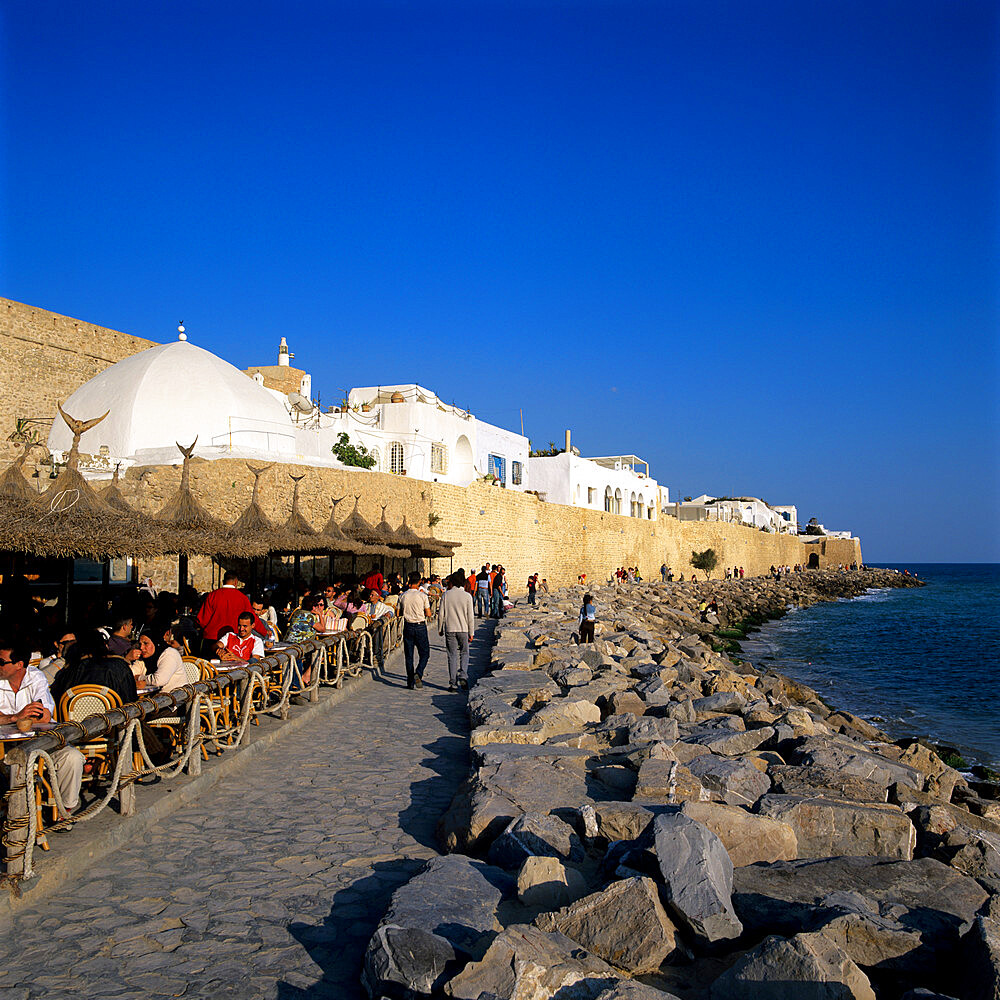 Cafe scene outside the Medina, Hammamet, Cap Bon, Tunisia, North Africa, Africa