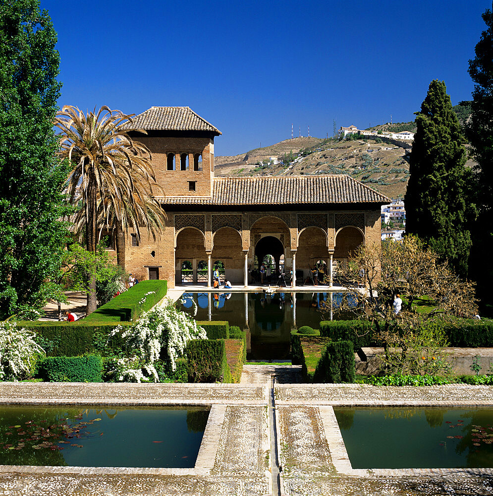 View over gardens, Alhambra Palace, UNESCO World Heritage Site, Granada, Andalucia, Spain, Europe