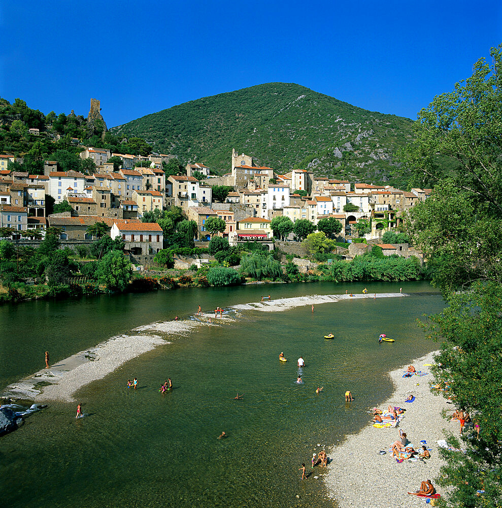 View over River Orb, Roquebrun, Languedoc-Roussillon, France, Europe