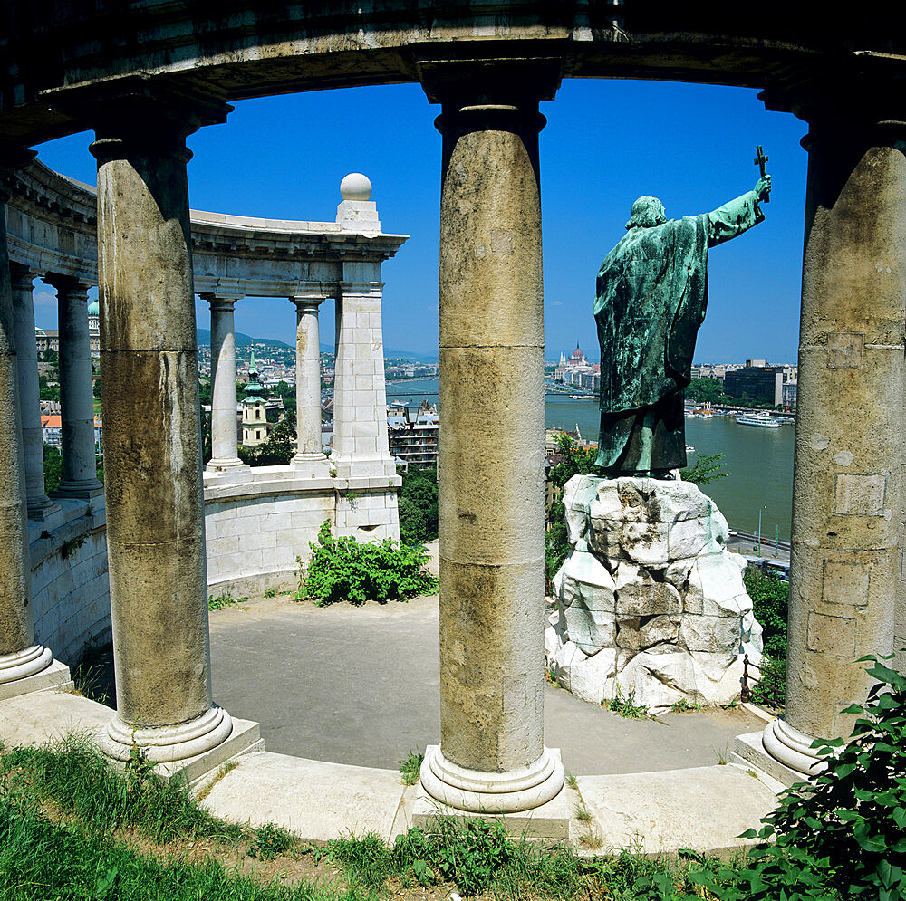 Gellert Monument with view over River Danube and city, Gellert Hill, Budapest, Hungary, Europe