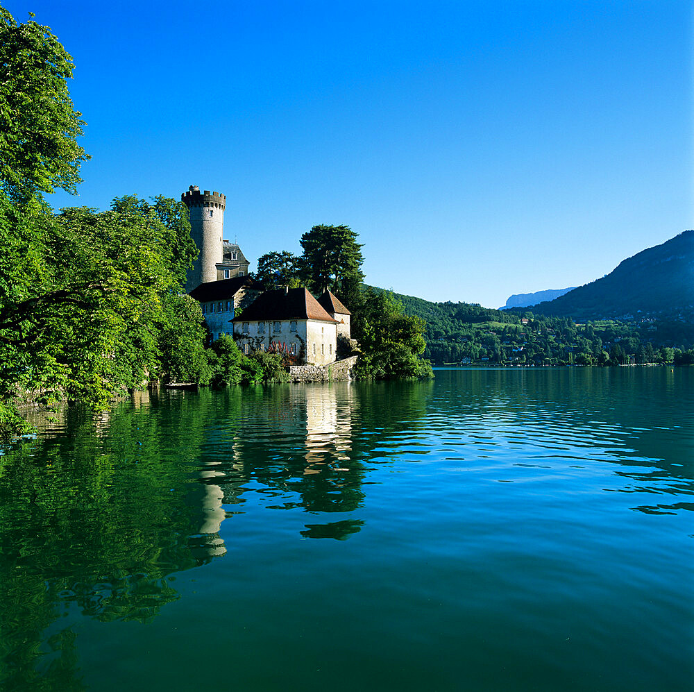 Chateau beside lake, Duingt, Lake Annecy, Rhone Alpes, France, Europe