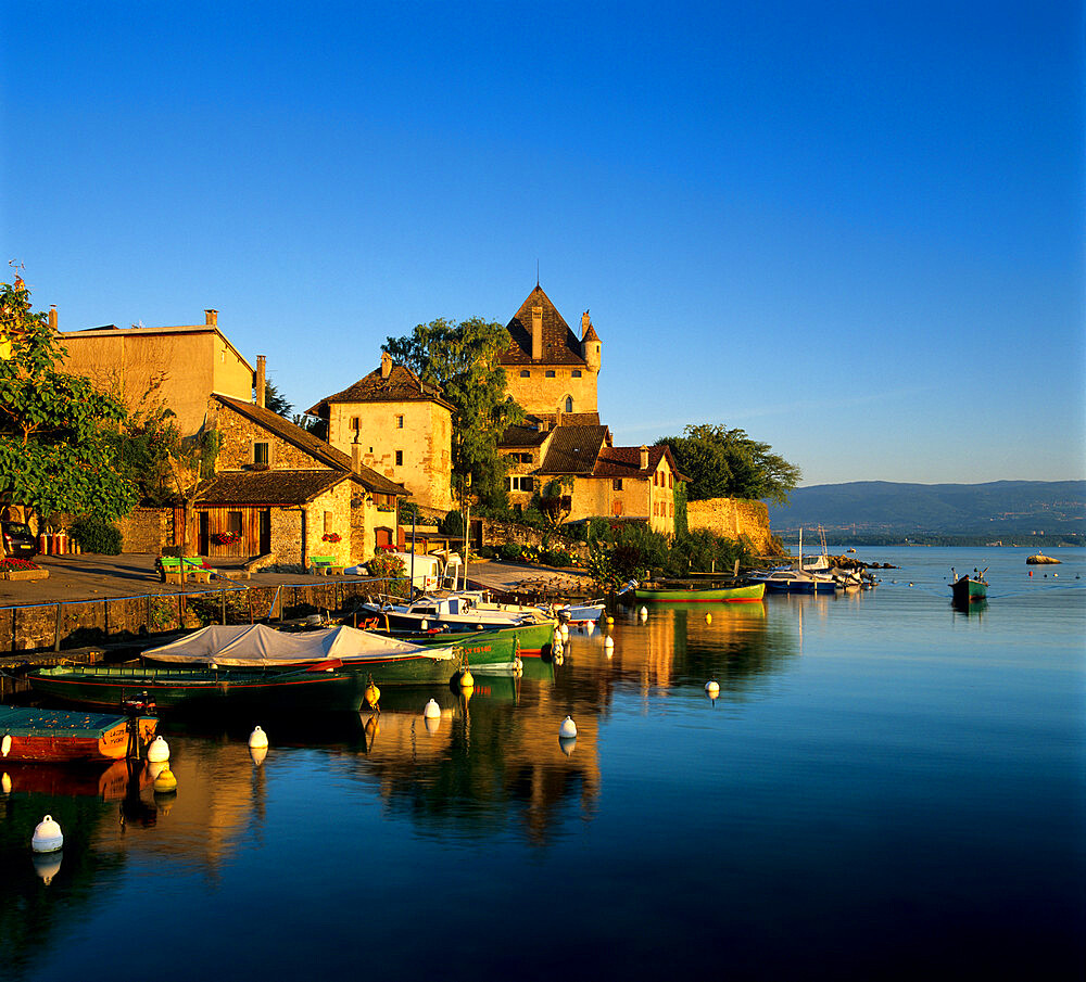 View of harbour at sunrise, Yvoire, Lake Geneva (Lac Leman), Rhone Alpes, France, Europe