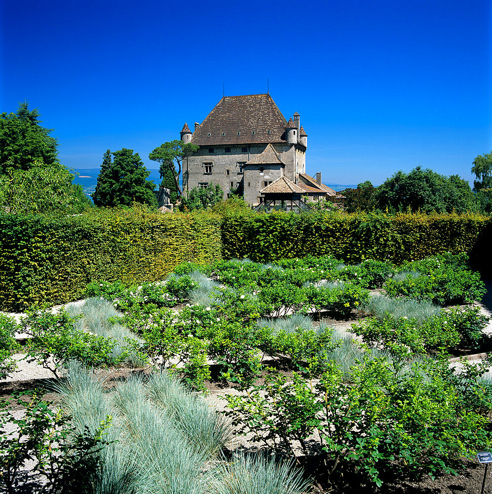 The Chateau and Jardin des Cinq Sens (Garden of the Five Senses), Yvoire, Lake Geneva (Lac Leman), Rhone Alpes, France, Europe