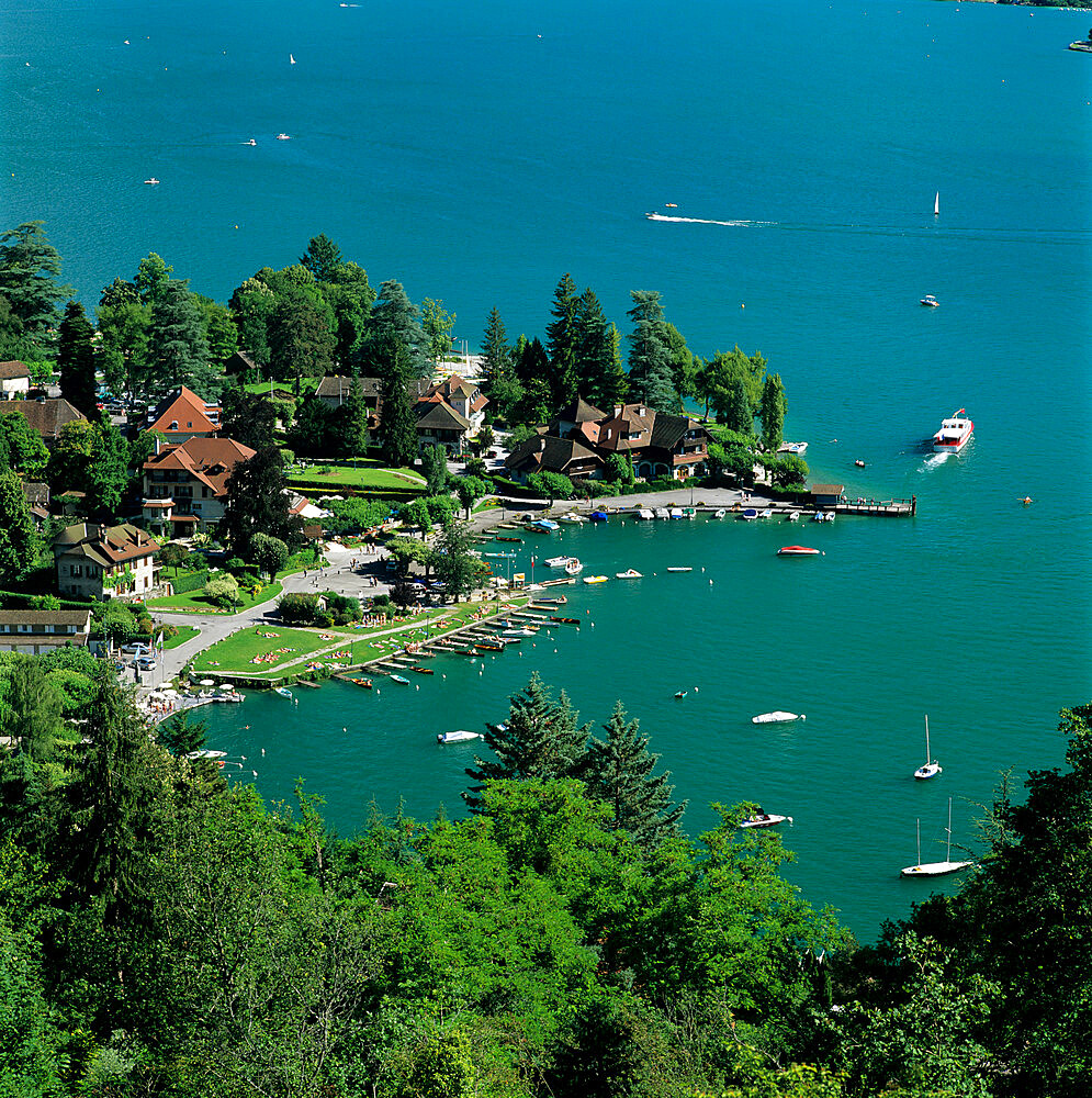 View over village and Lake Annecy, Talloires, Lake Annecy, Rhone Alpes, France, Europe