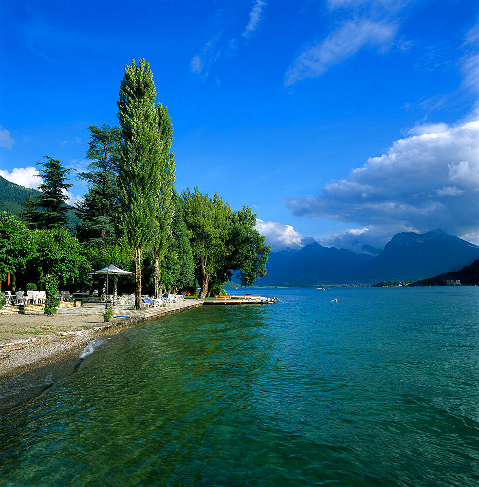 View along lake shore, Talloires, Lake Annecy, Rhone Alpes, France, Europe