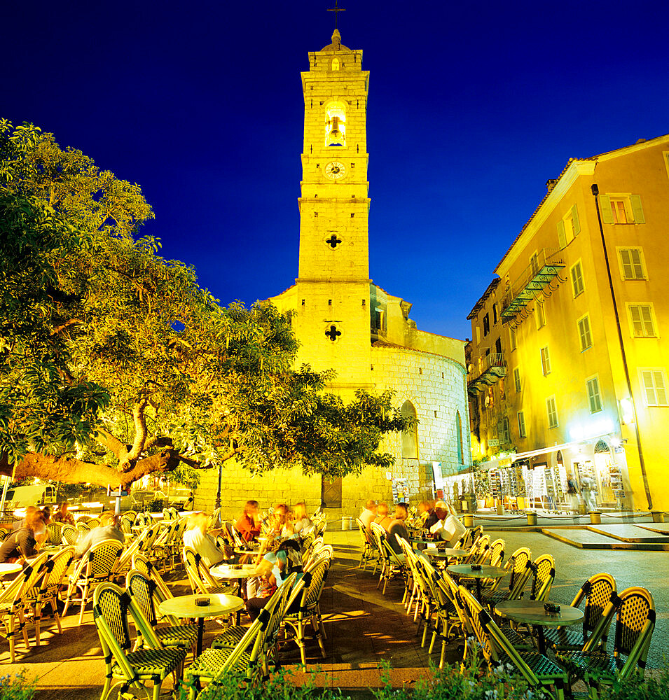 Evening cafe scene in main square of old town, Porto Vecchio, South East Corsica, Corsica, France, Europe