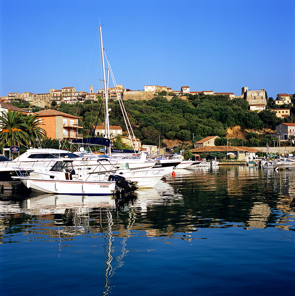 View over harbour to the old town, Porto Vecchio, Corsica, France, Mediterranean, Europe