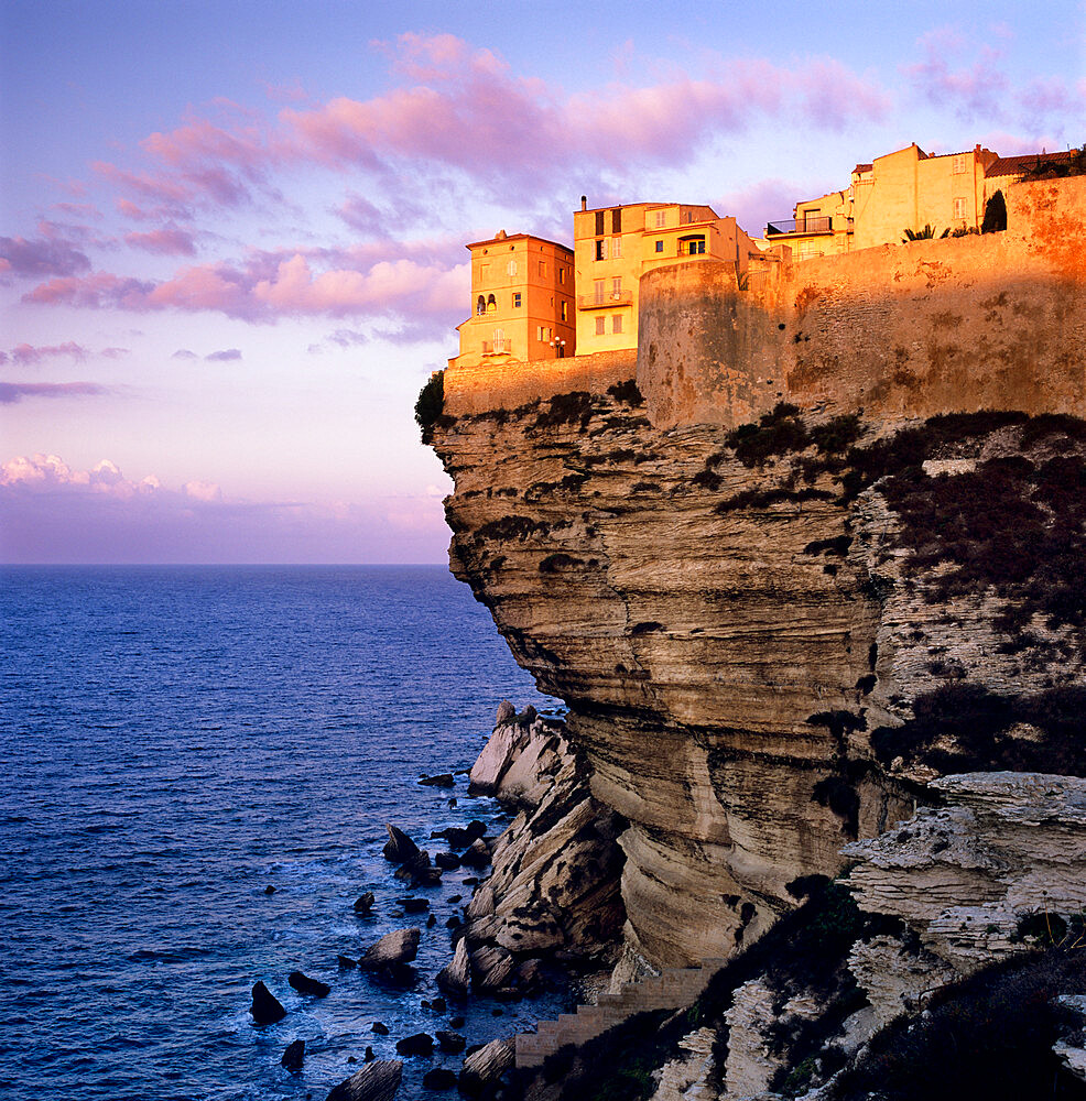 Haute Ville on cliff edge at dawn, Bonifacio, South Corsica, Corsica, France, Mediterranean, Europe