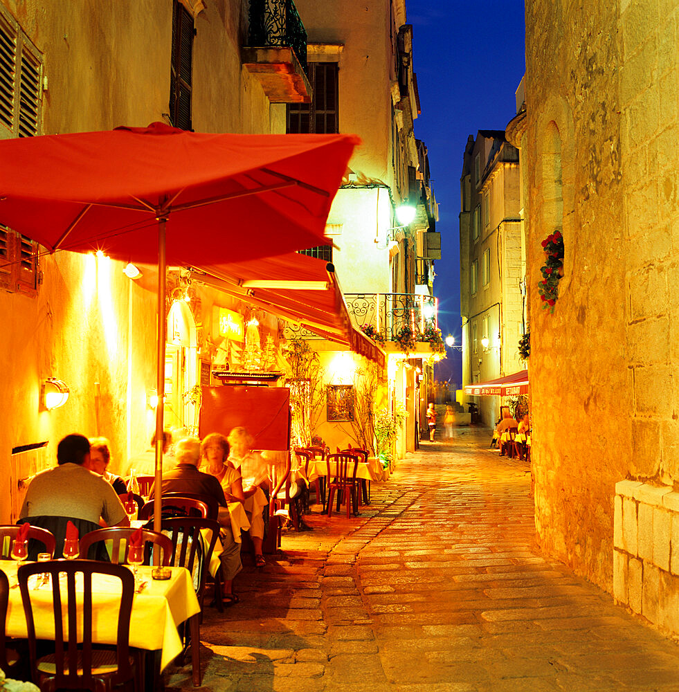 Evening restaurant scene in Haute Ville, Bonifacio, South Corsica, Corsica, France, Europe