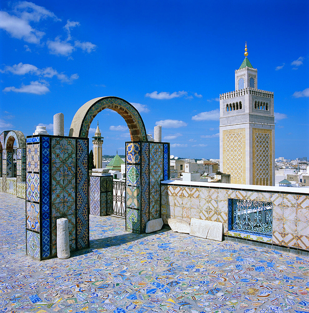 View over city and Great Mosque from tiled roof top, Tunis, Tunisia, North Africa, Africa