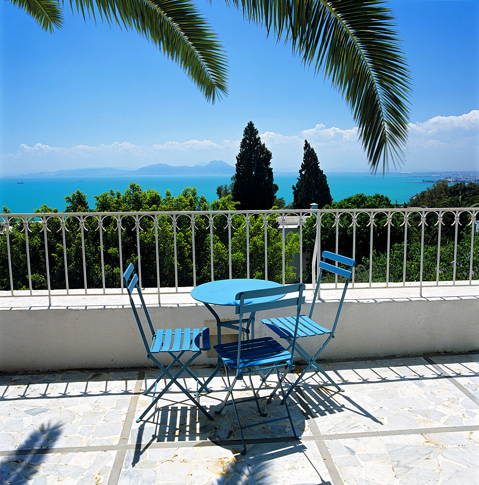 View over Bay of Tunis from terrace of Dar Said Hotel, Sidi Bou Said, Tunisia, North Africa, Africa