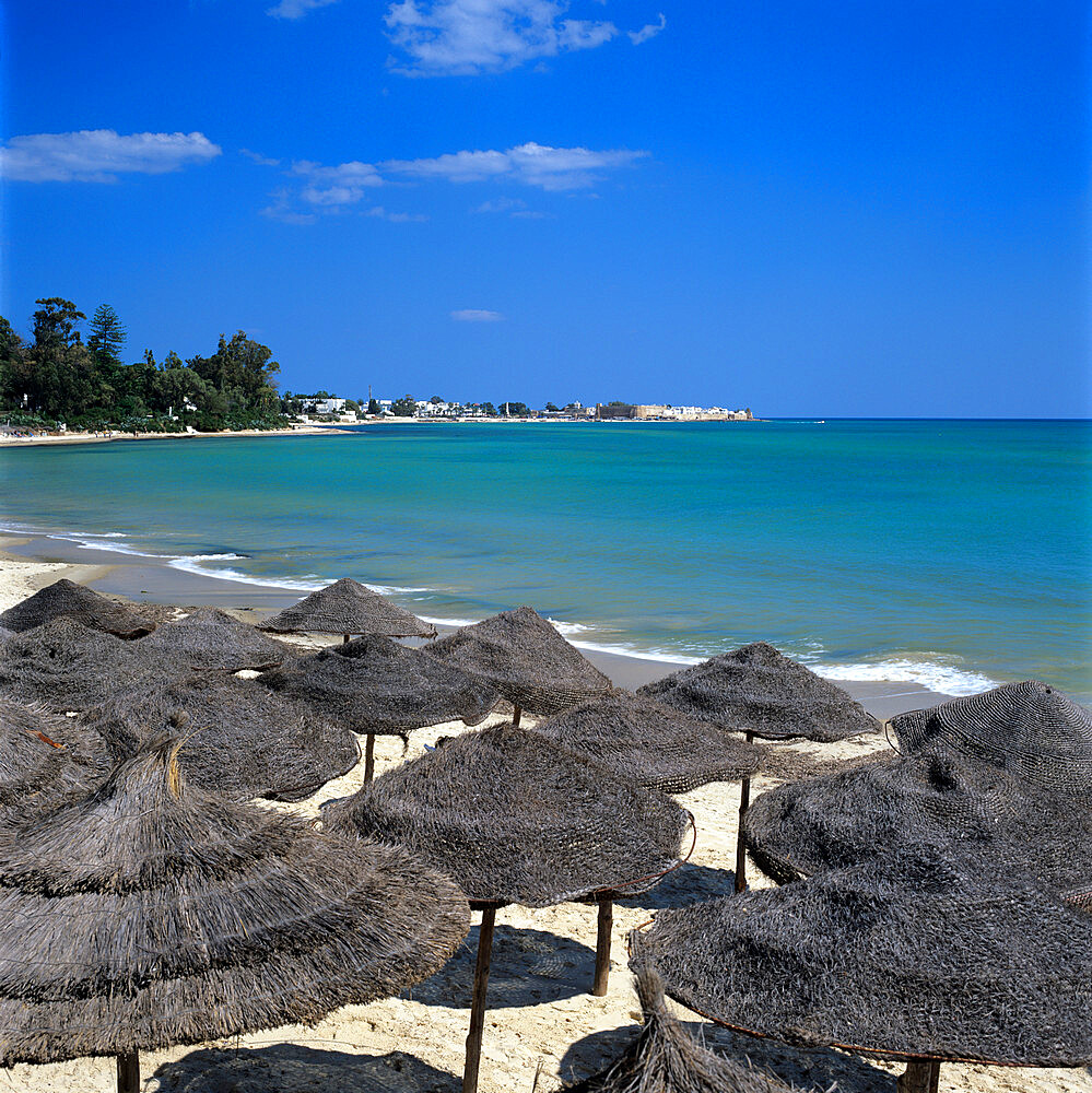 View along beach to the medina from the Sindbad Hotel, Hammamet, Cap Bon, Tunisia, North Africa, Africa