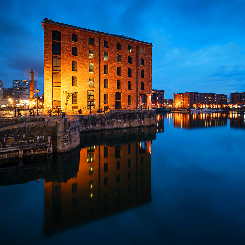 Albert Dock at dusk, Liverpool, Merseyside, England, United Kingdom, Europe