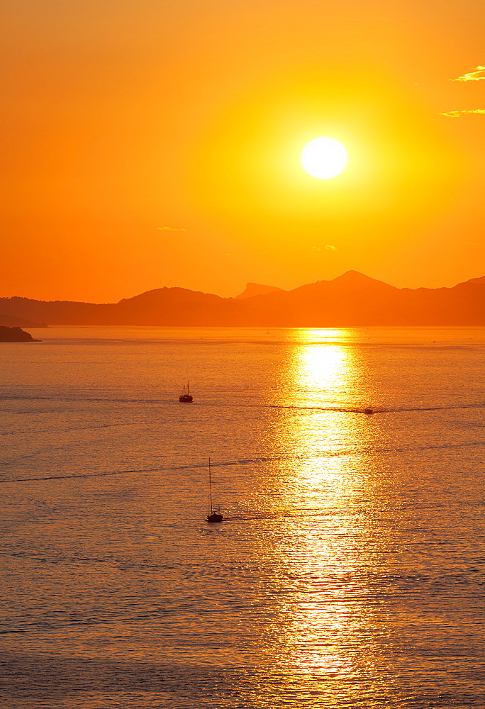 Fishing boats and speed boats return at dusk, with the island of Kolocep in the background, Dubrovnik, Croatia, Europe