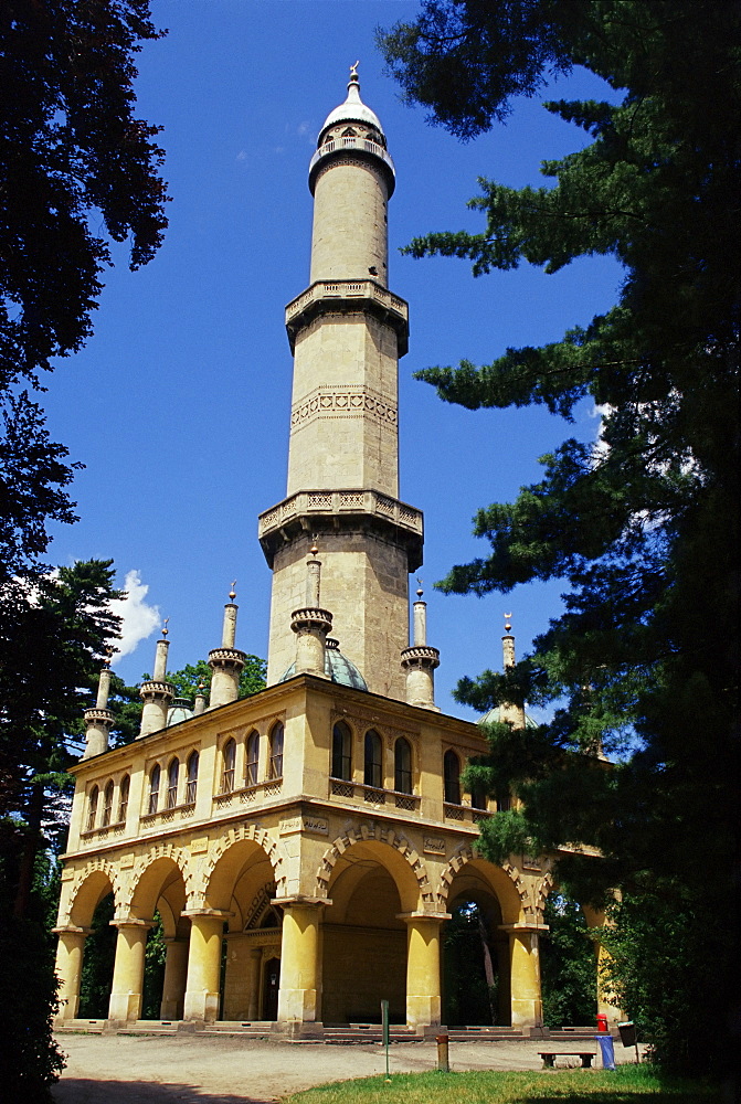 Turkish style minaret in chateau gardens, Lednice, UNESCO World Heritage Site, South Moravia, Czech Republic, Europe