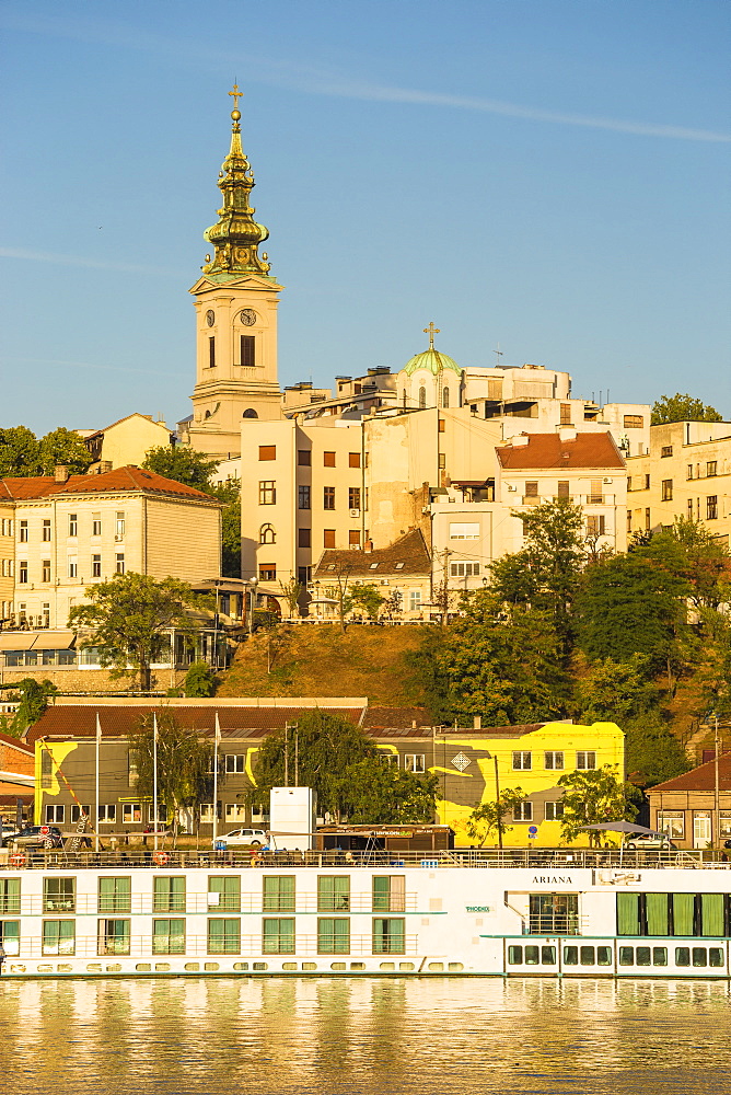 View of Sava River across to St. Michael's Cathedral in the historical center, Belgrade, Serbia, Europe