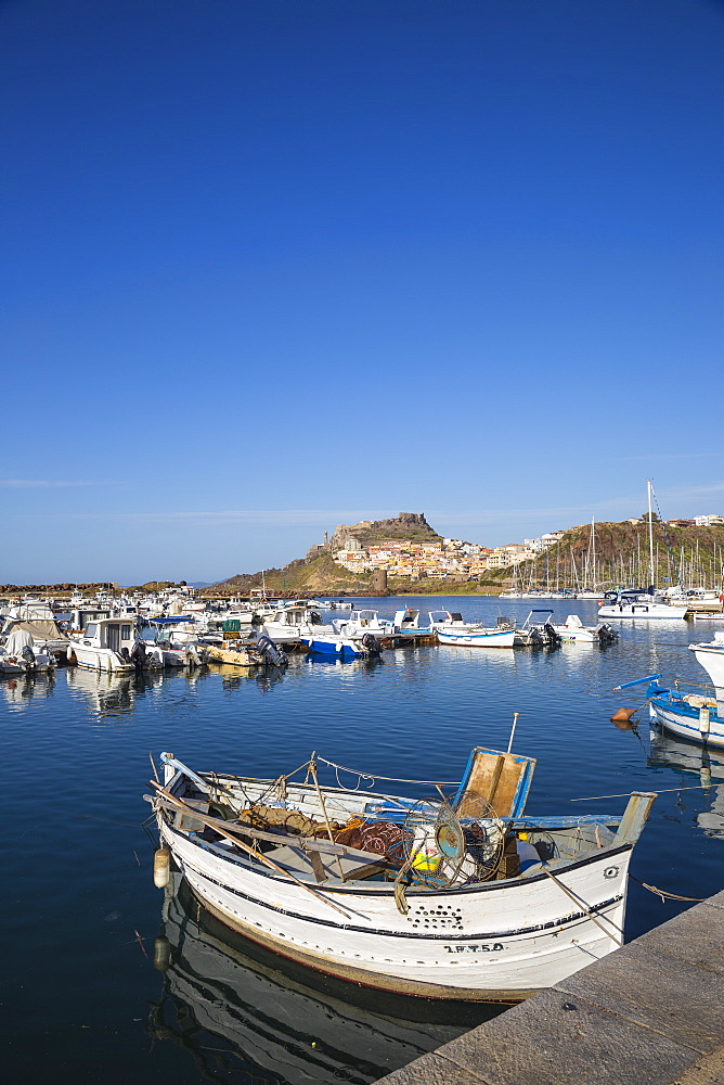 View over marina towards ancient castle, Castelsardo, Sassari Province, Sardinia, Italy, Mediterranean, Europe