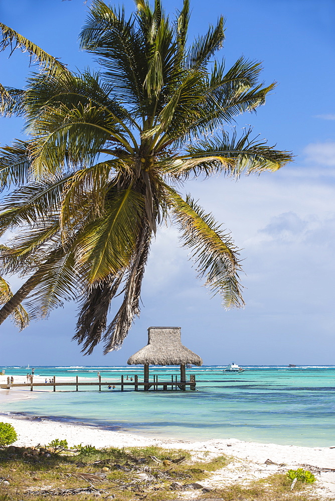 Wooden pier with thatched hut, Playa Blanca, Punta Cana, Dominican Republic, West Indies, Caribbean, Central America