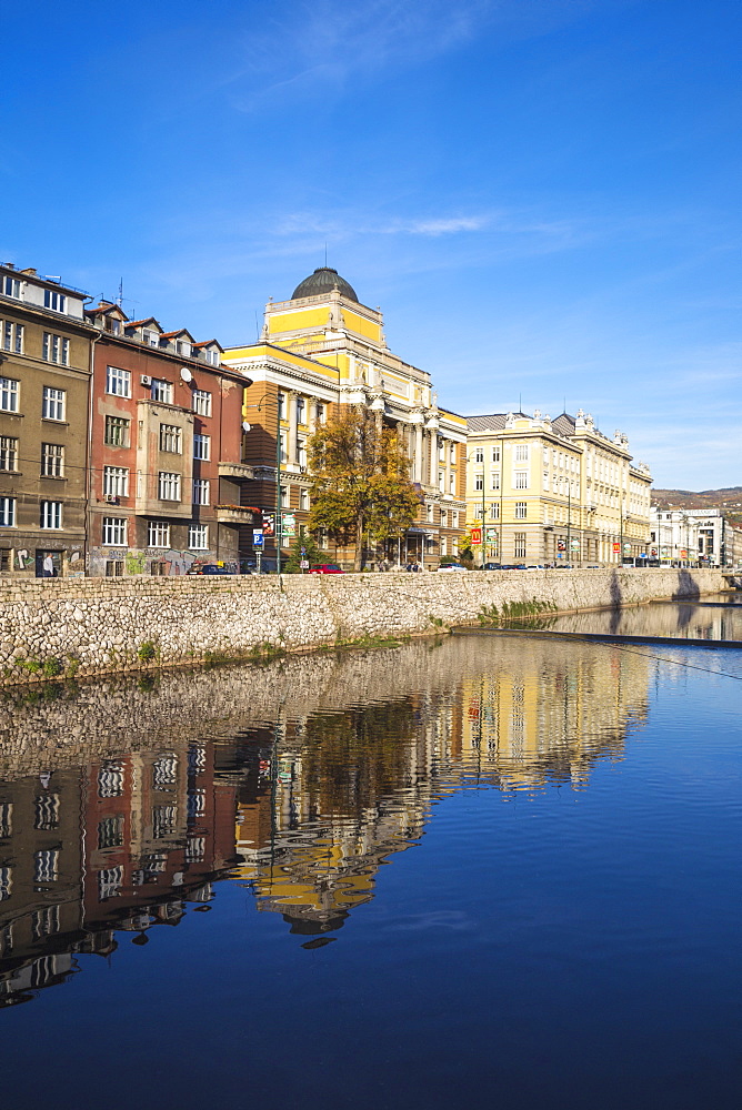 Buildings of Bascarsija (The Old Quarter), on the banks of the Miljacka River, Sarajevo, Bosnia and Herzegovina, Europe