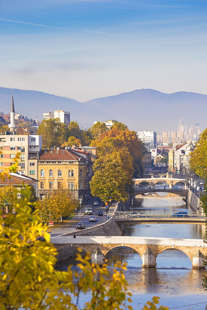 View of city and Miljacka River, Sarajevo, Bosnia and Herzegovina, Europe