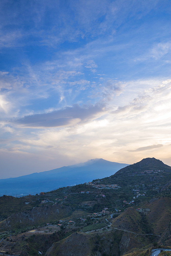 Mount Etna Volcano at sunset, UNESCO World Heritage Site, Taormina, Sicily, Italy, Europe 