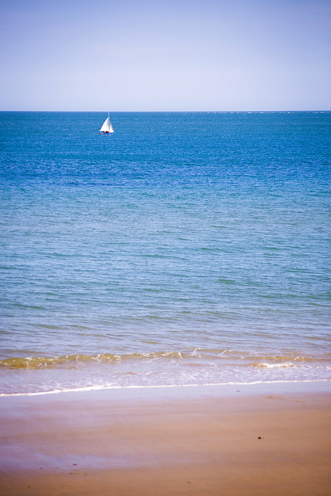 Sailing boat, seen from Swanage Beach, Dorset, England, United Kingdom, Europe 