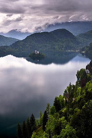 View of Lake Bled from Lake Bled Castle, Bled, Julian Alps, Gorenjska, Upper Carniola Region, Slovenia, Europe