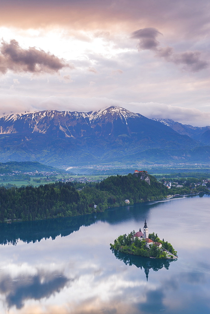 Lake Bled Island and the Julian Alps at sunrise, seen from Osojnica Hill, Bled, Julian Alps, Gorenjska, Slovenia, Europe