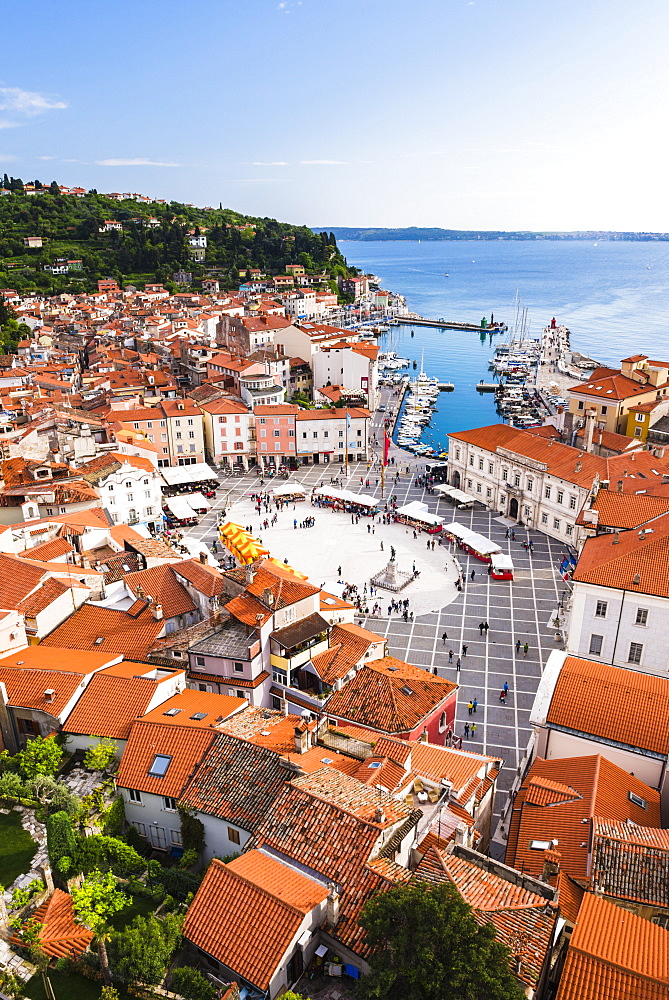 Piran and Tartini Square, seen from Church of St. George, Piran, Primorska, Slovenian Istria, Slovenia, Europe