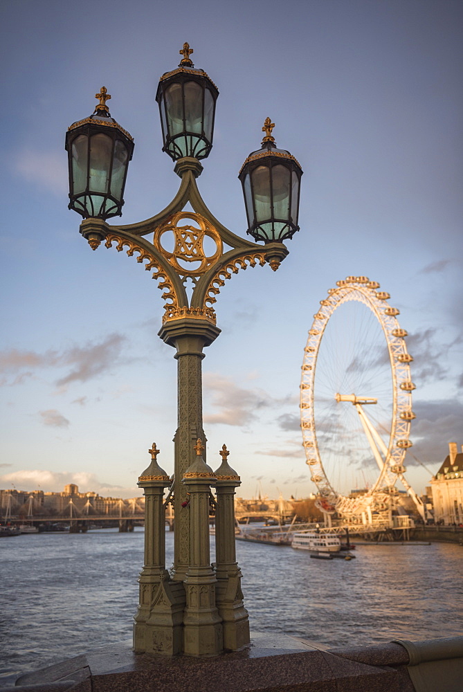 The London Eye at sunset, seen from Westminster Bridge, South Bank, London, England, United Kingdom, Europe