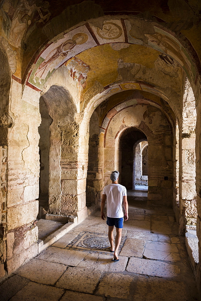 Tourist at ancient ruins of St. Nicholas Church, Antalya Province, Lycia, Anatolia, Turkey, Asia Minor, Eurasia