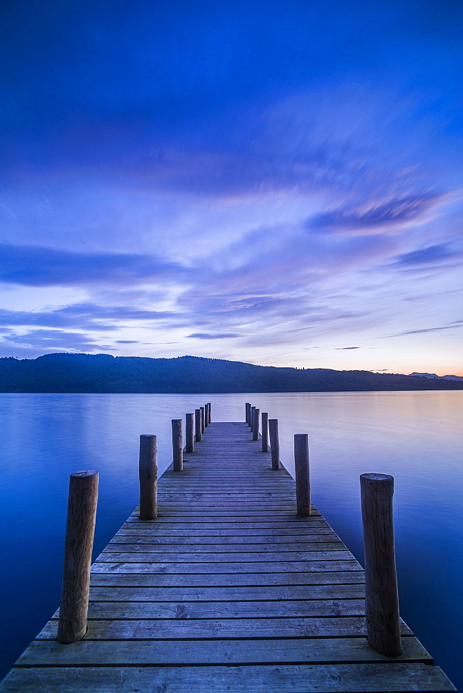 Pier on Windermere at sunset, Lake District National Park, UNESCO World Heritage Site, Cumbria, England, United Kingdom, Europe