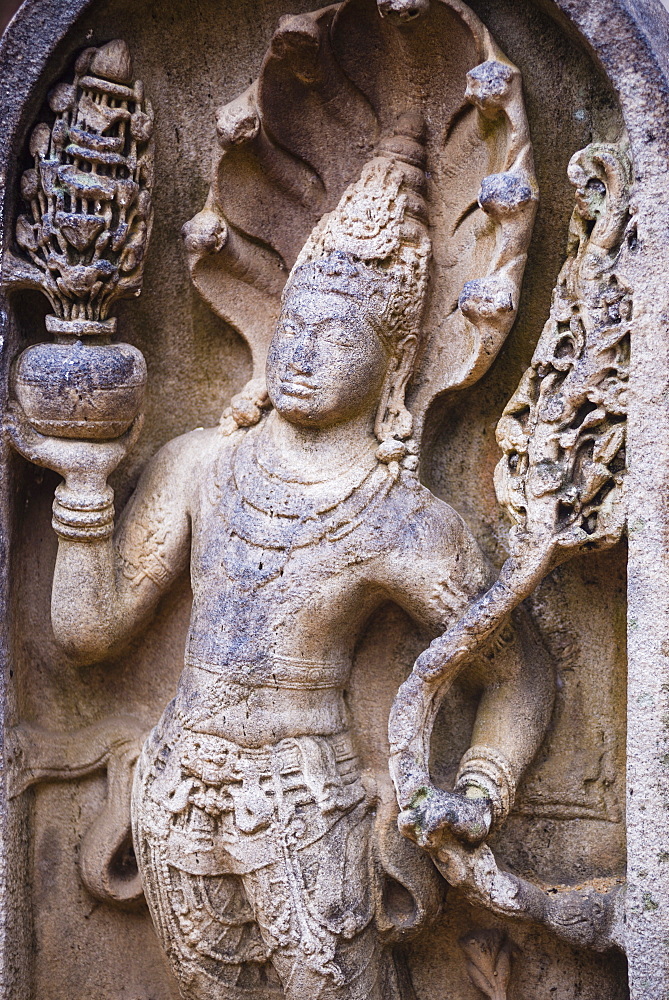 Guardian statue carving at Sri Maha Bodhi in the Mahavihara (The Great Monastery), Anuradhapura, UNESCO World Heritage Site, Sri Lanka, Asia