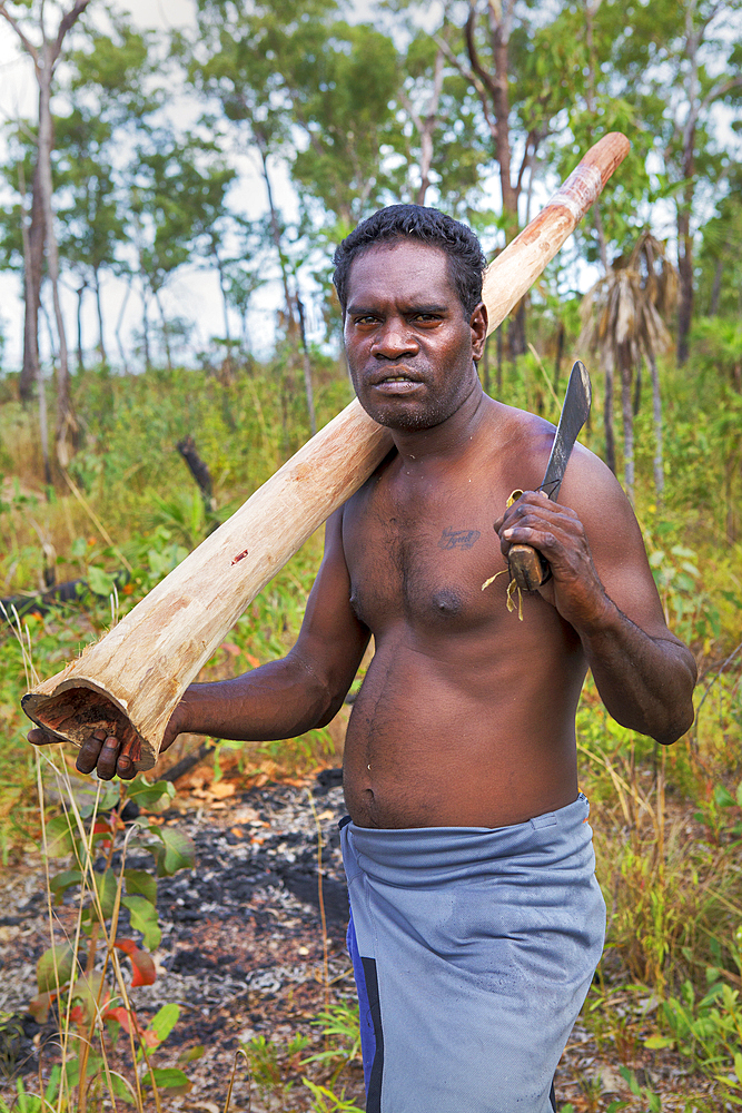 Aboriginal man with a freshly cut didgeridoo, Nyinyikay Homeland, East Arnhem Land, Northern Territory, Australia, Pacific