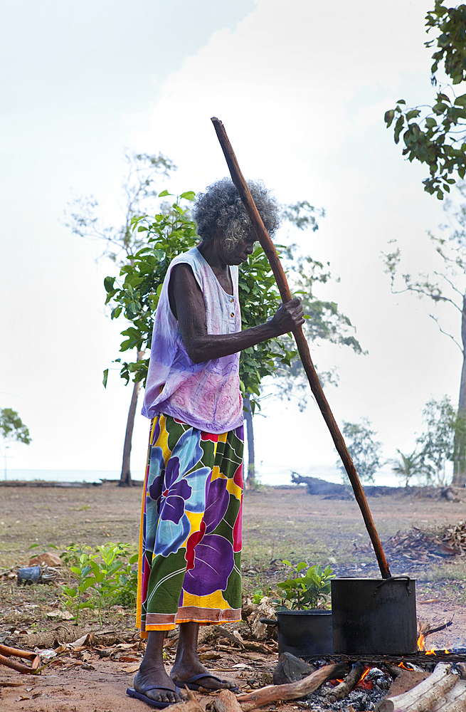 A woman, Aboriginal elder, stirring pandanus for weaving baskets, Nyinyikay Homeland, East Arnhem Land, Northern Territory, Australia, Pacific