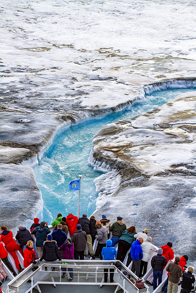 The Lindblad Expedition ship National Geographic Explorer near glacial run-off in the Svalbard Archipelago, Norway, Arctic, Europe