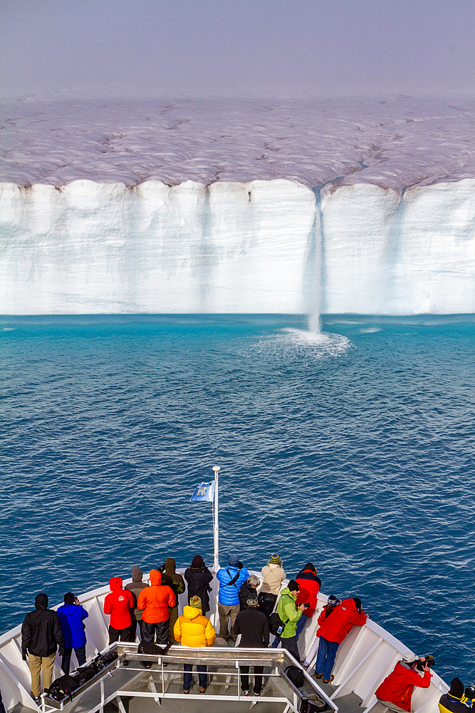 The Lindblad Expedition ship National Geographic Explorer at Austfonna in the Svalbard Archipelago, Norway, Arctic, Europe