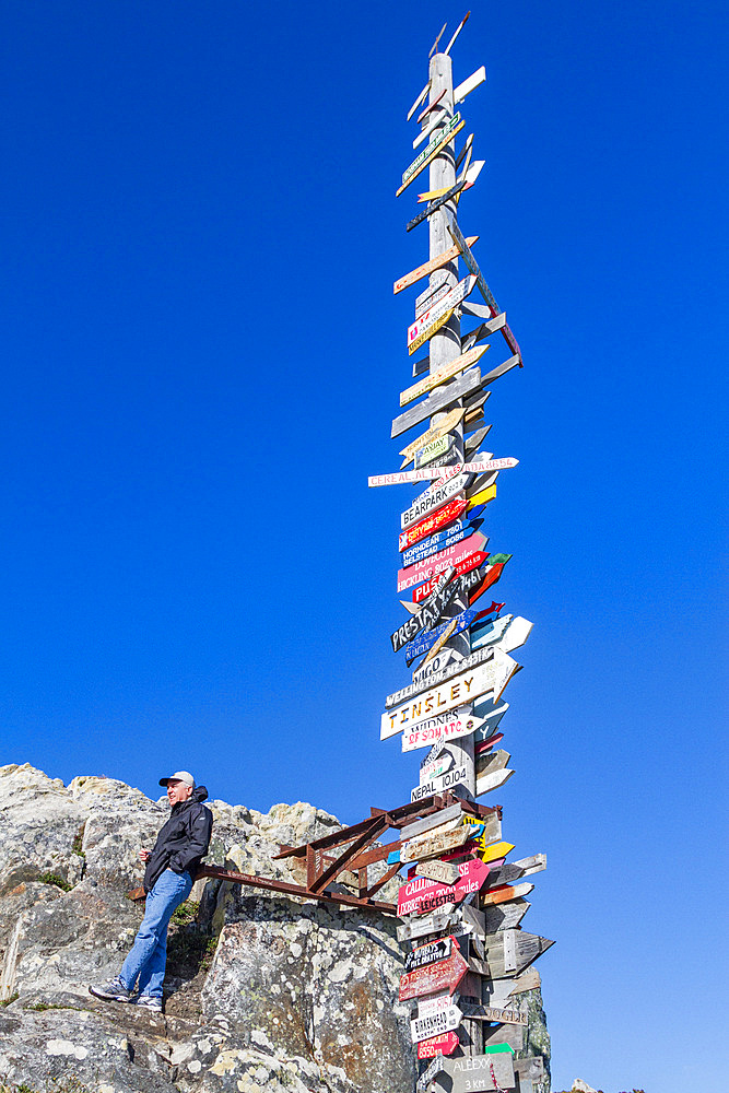 Tall signpost just outside Stanley, the capital and only true city (with a cathedral) in the Falkland Islands, South America