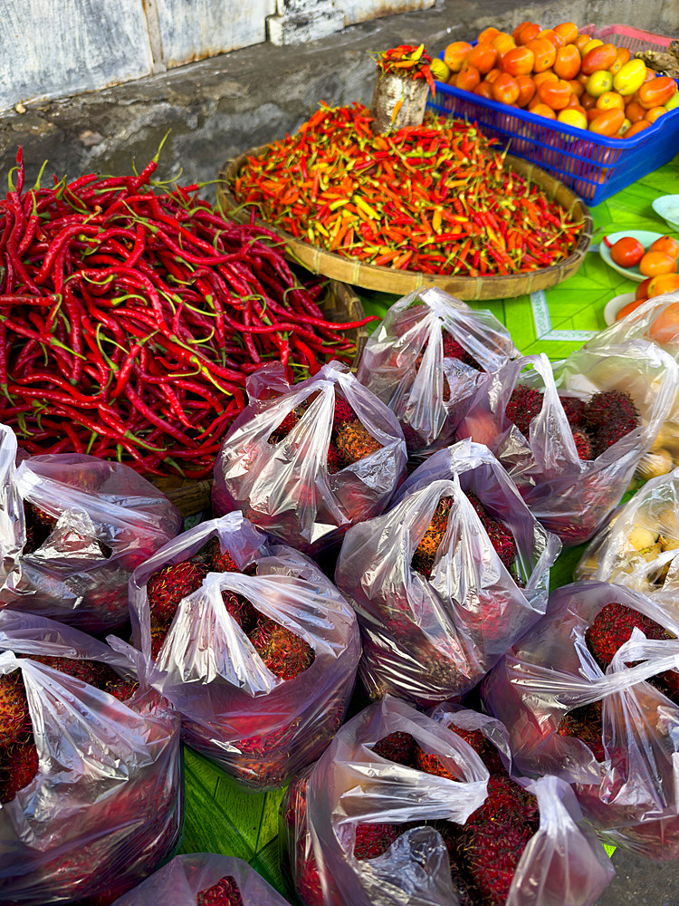 Fruit and spices for sale in the town of Banda Neira on the island of Banda Neira, Moluccas, Indonesia.