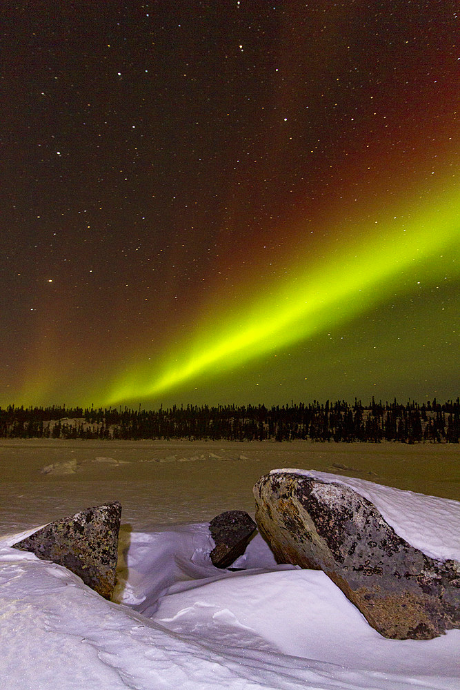 Aurora Borealis, or Northern Lights, over the boreal forest on the Great Slave Lake, Northwest Territories, Canada.