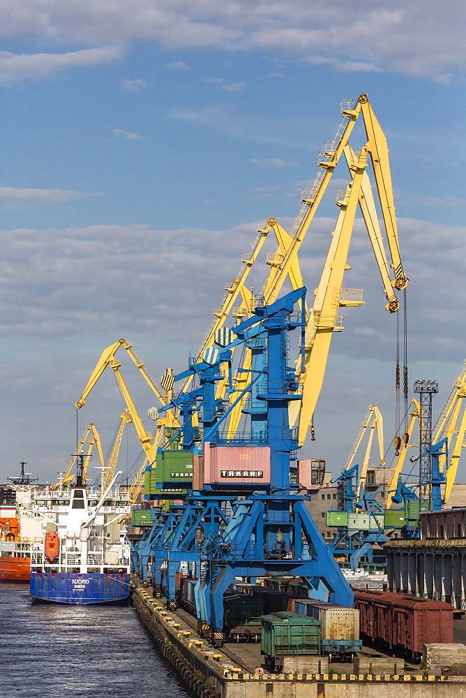 The busy shipyards in the Sea Port of St. Petersburg, on the Neva River, Russia, Europe