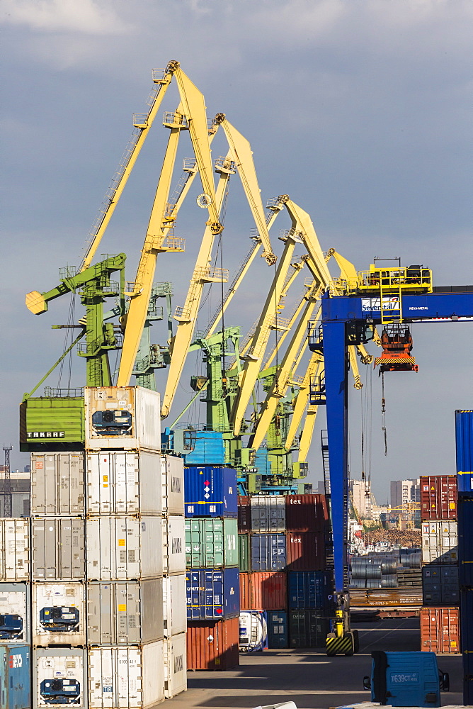 The busy shipyards in the Sea Port of St. Petersburg, on the Neva River, Russia, Europe