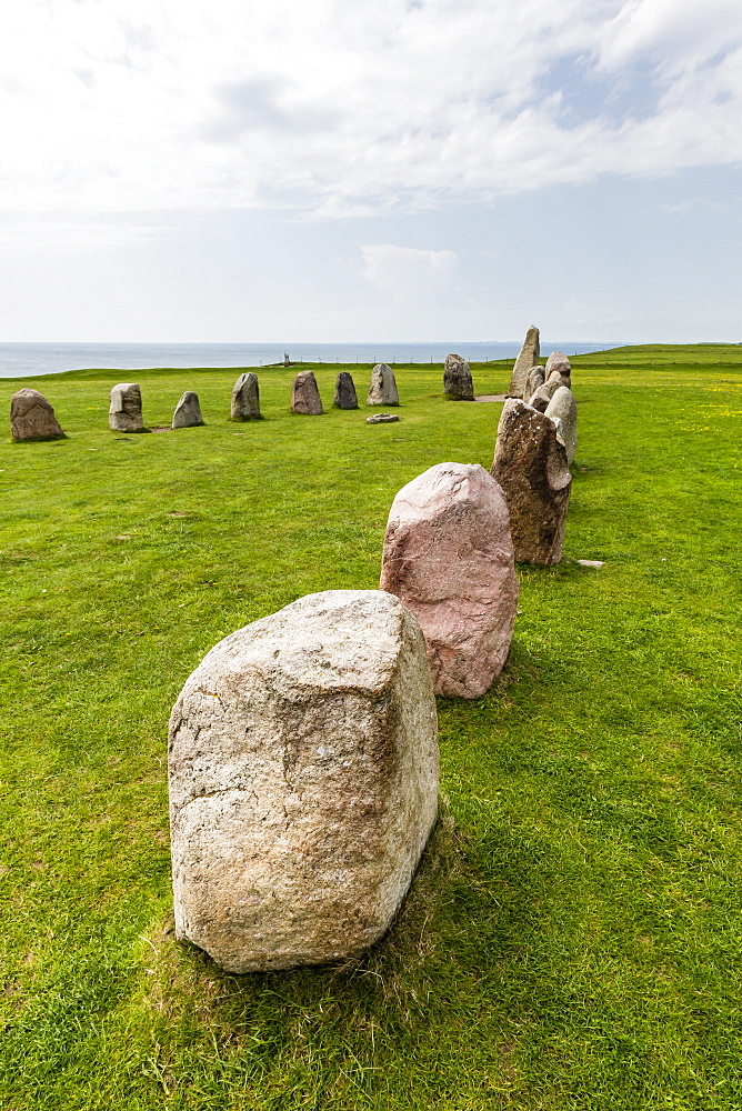 The standing stones in a shape of a ship known as Als Stene (Aleos Stones) (Ale's Stones), Baltic Sea, southern Sweden, Scandinavia, Europe