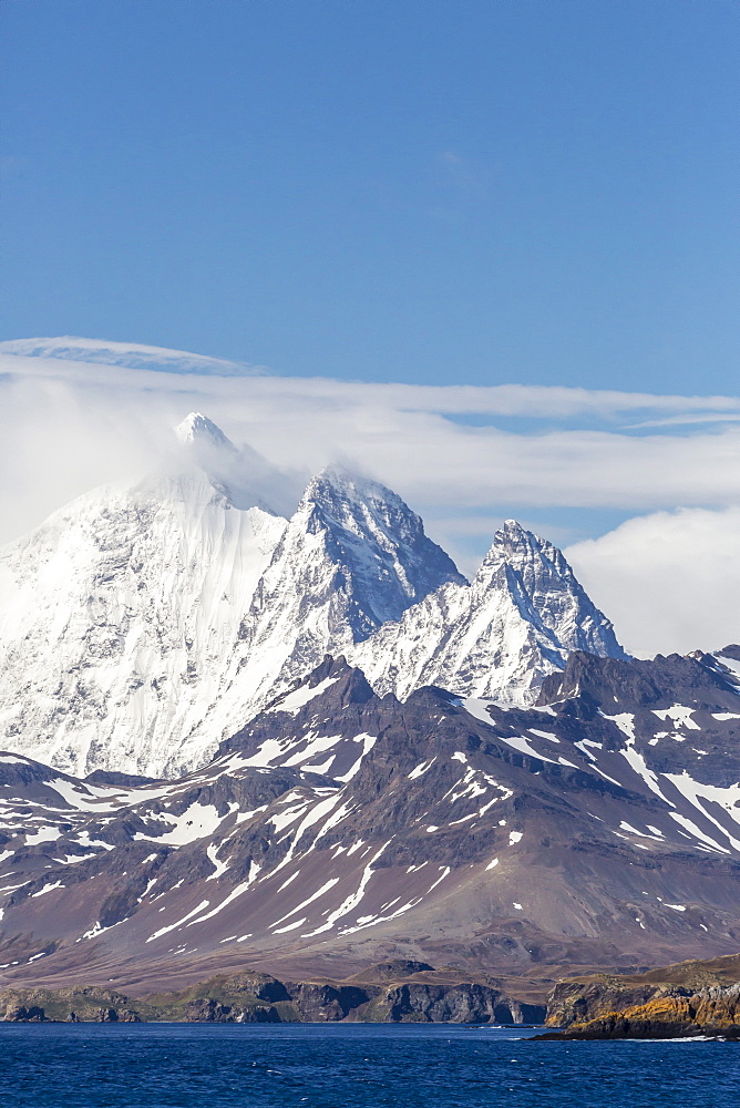 View of snow-capped mountains on approach to Stromness Harbor, South Georgia, UK Overseas Protectorat, Polar Regions