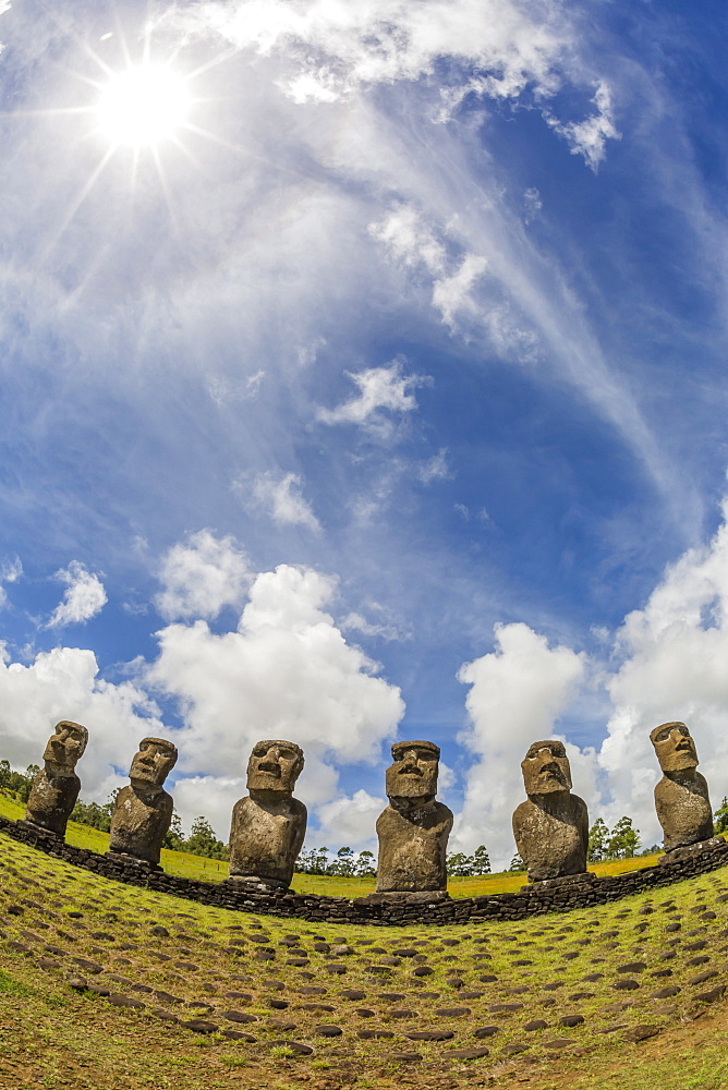 Seven Moai at Ahu Akivi, the first restored altar, Rapa Nui National Park, UNESCO World Heritage Site, Easter Island (Isla de Pascua), Chile, South America